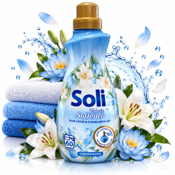 Концентриран омекотител за тъкани Soli Fabric Softener Син лотос и Лилия Казабланка, 60 пранета 1.5л