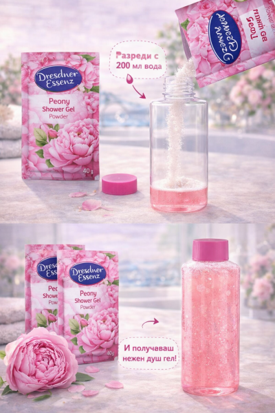 Душ гел на прах с божур 40 г – 200 мл след разреждане, еко грижа и нежен флорален аромат