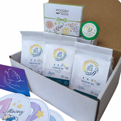 OneEco Кутия „Ти и твоето БЕБЕ – на чисто“ – еко комплект за бебешка грижа и пране
