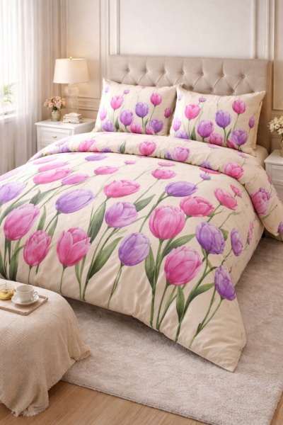  Памучен плик за спално бельо Лилави лалета